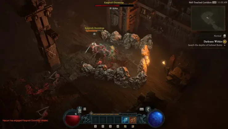 Diablo IV gameplay showing a character fighting enemies in a dungeon
