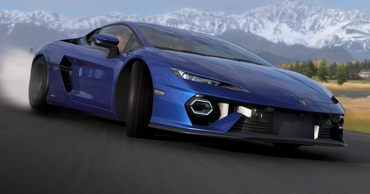 Blue sports car driving on a mountain road in Forza Horizon 6
