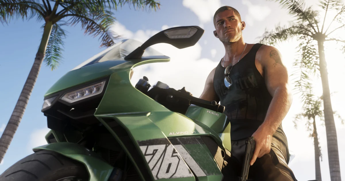 Jason Duval beside a motorcycle in Grand Theft Auto VI