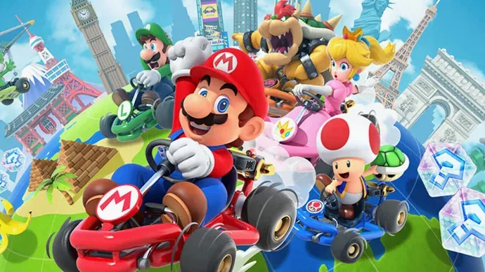 Mario Kart Tour promotional artwork featuring Mario and other racers.