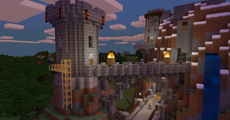 Steve and Alex build a castle and watchtower in Minecraft