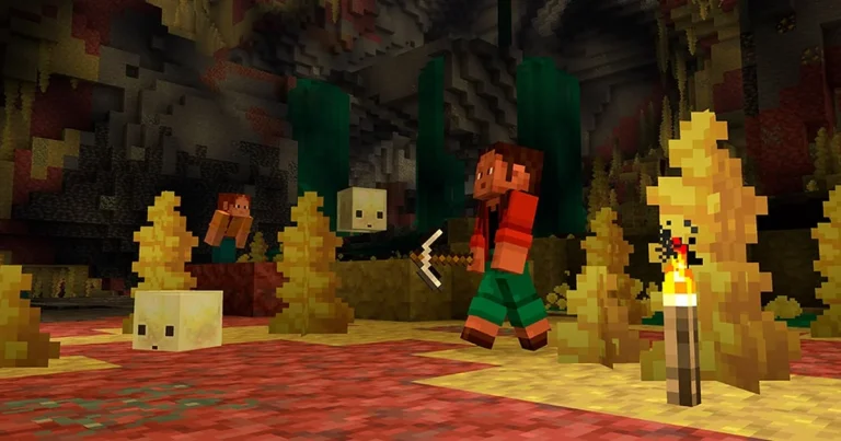 Minecraft characters explore a torchlit cave with sulfur formations