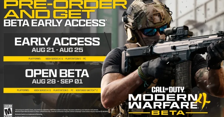 Modern Warfare 4 beta schedule showing early access August 21 to 25 and open beta August 28 to September 1