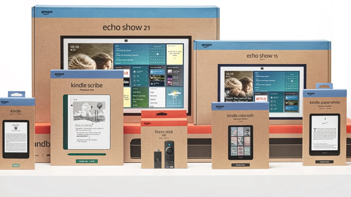 Amazon Echo, Kindle and Fire TV product boxes in Amazon's official device packaging lineup
