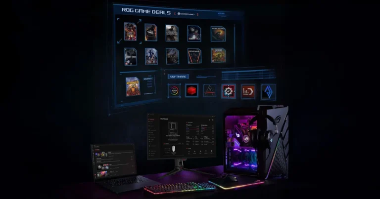 ASUS Armoury Crate interface displayed across a gaming PC setup