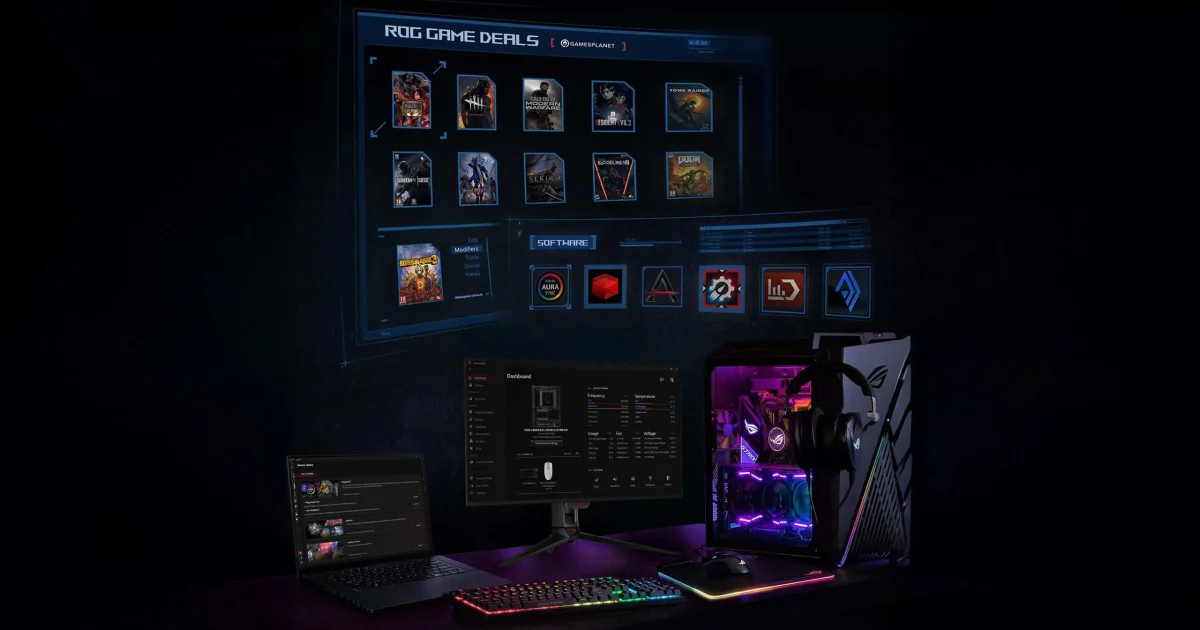 ASUS Armoury Crate interface displayed across a gaming PC setup