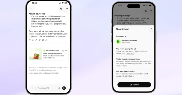ChatGPT showing a sponsored advertisement and ad information controls