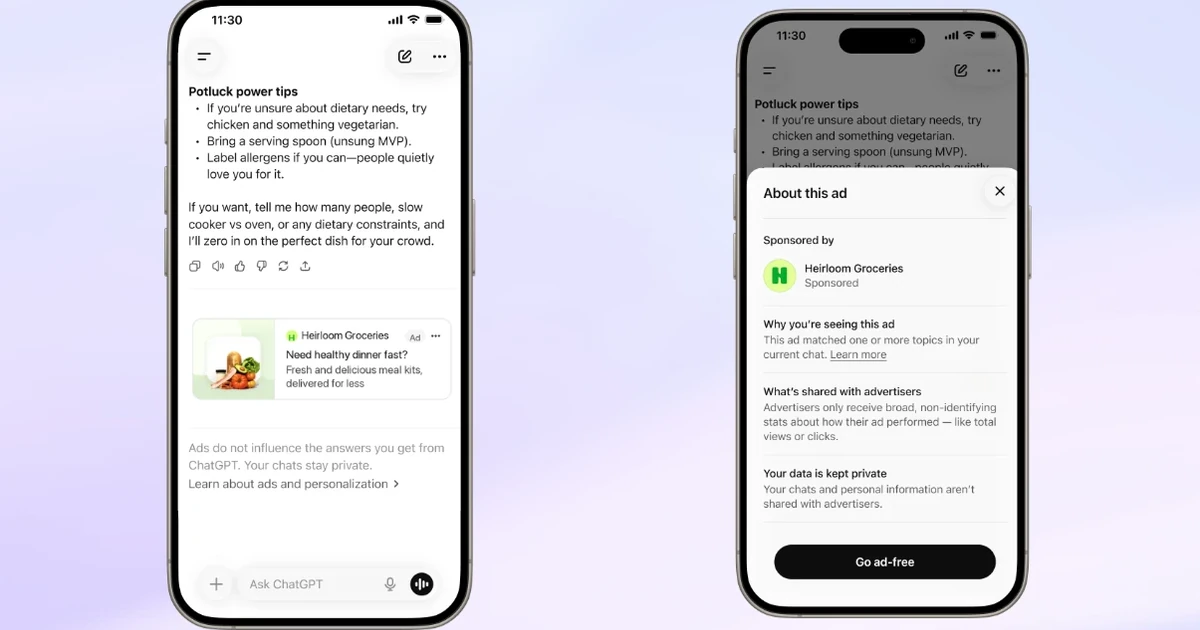 ChatGPT showing a sponsored advertisement and ad information controls