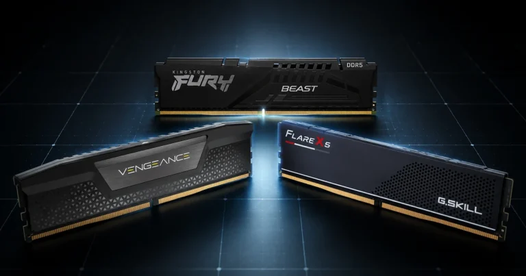 Kingston FURY Beast, Corsair Vengeance and G.Skill Flare X5 DDR5 RAM kits arranged in an isosceles triangle