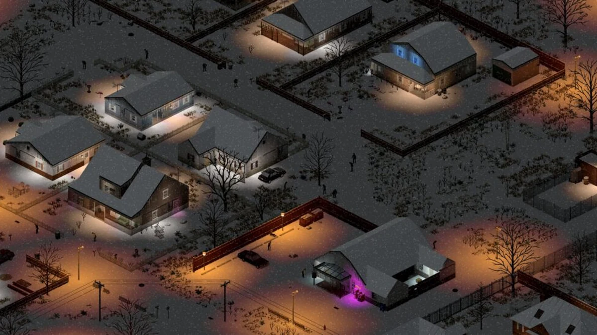 Snow-covered Muldraugh in Project Zomboid Build 42