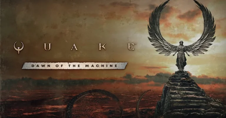 Quake Dawn of the Machine key art with logo and angelic statue