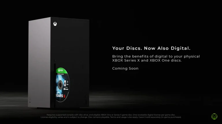 Xbox Series X console with a physical game disc beside Microsoft's disc-to-digital announcement