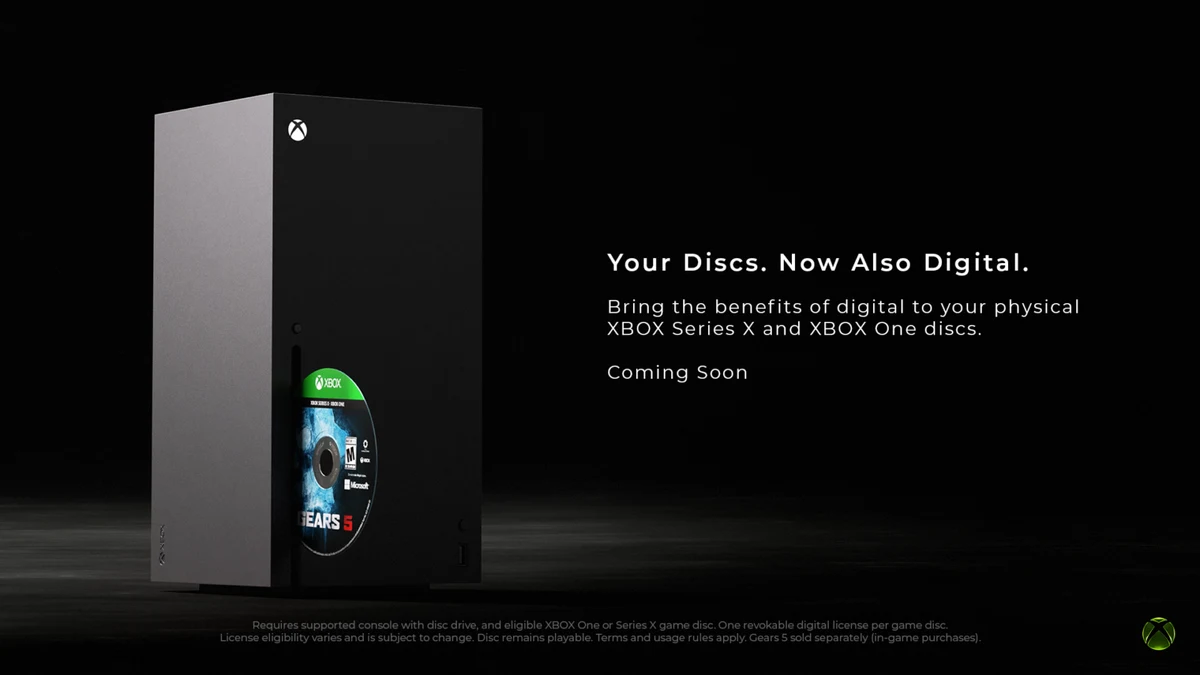 Xbox Series X console with a physical game disc beside Microsoft's disc-to-digital announcement