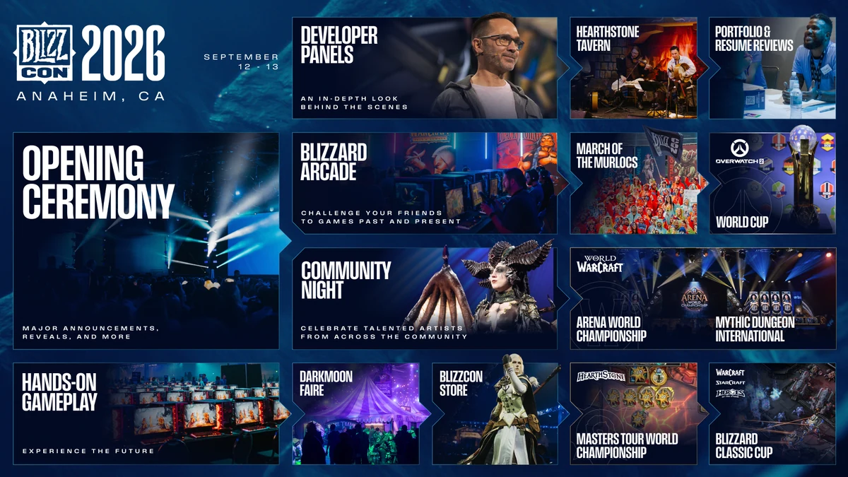 BlizzCon 2026 official artwork for Blizzard's Diablo, StarCraft and Warcraft announcements