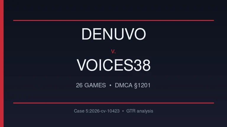 Denuvo versus Voices38 graphic for the DMCA lawsuit covering 26 games