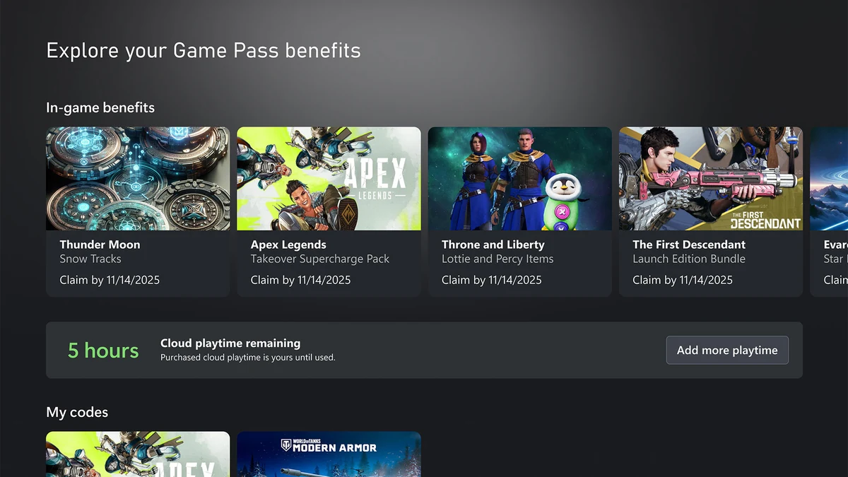 Xbox Game Pass screen showing five hours of cloud playtime remaining and an Add more playtime button