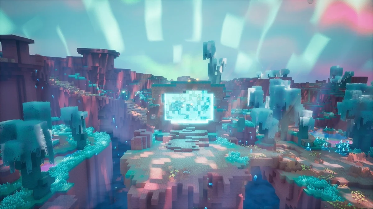 Glowing portal to The Sift surrounded by turquoise vegetation
