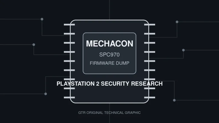 Original technical graphic showing a PS2 MechaCon SPC970 chip representing the newly documented firmware dump