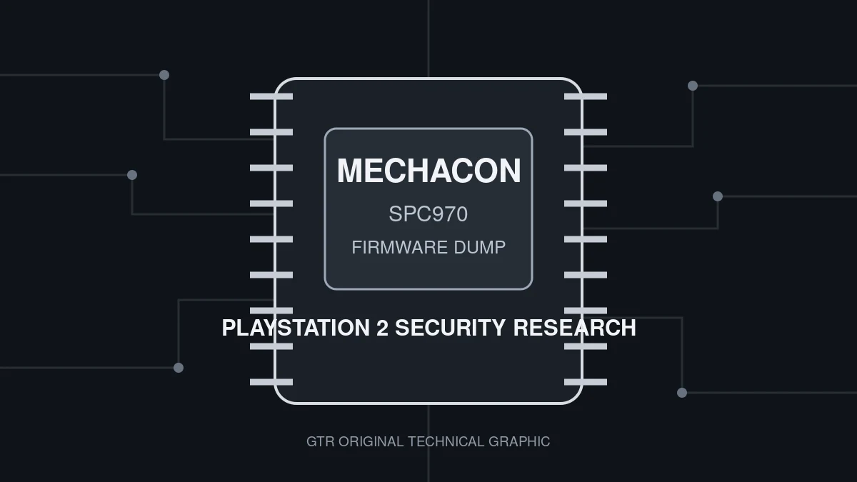 Original technical graphic showing a PS2 MechaCon SPC970 chip representing the newly documented firmware dump
