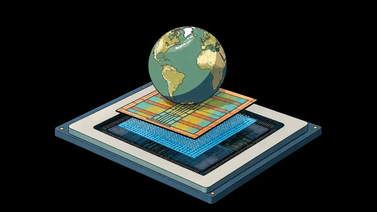 World Labs illustration of a globe above layered computer-chip components