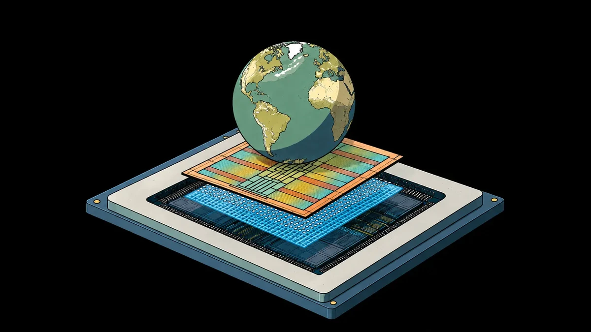 World Labs illustration of a globe above layered computer-chip components