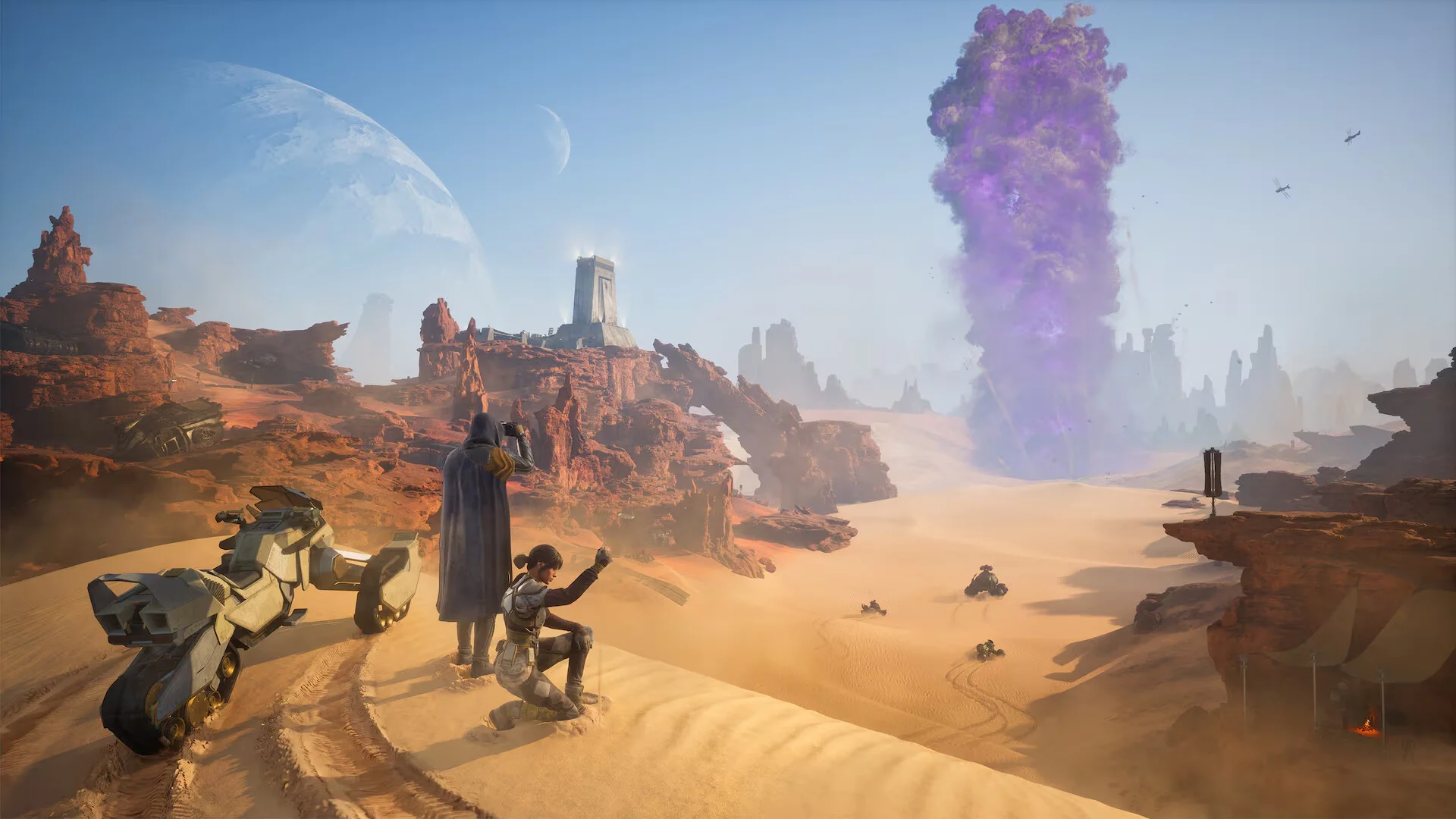 Characters overlooking a desert valley and a towering purple plume in Dune: Awakening