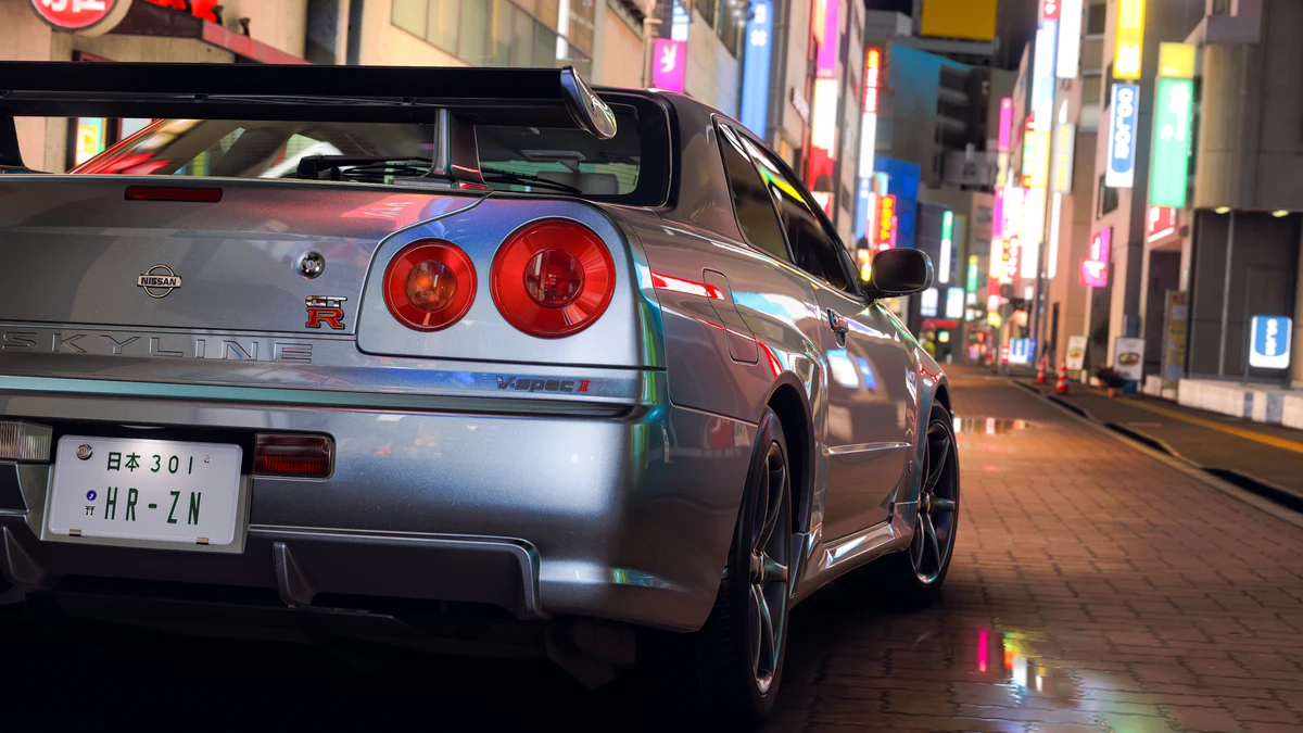 Nissan Skyline GT-R on a neon-lit Tokyo street in Forza Horizon 6