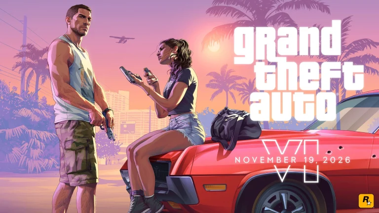 Grand Theft Auto VI launch trailer artwork featuring Jason and Lucia