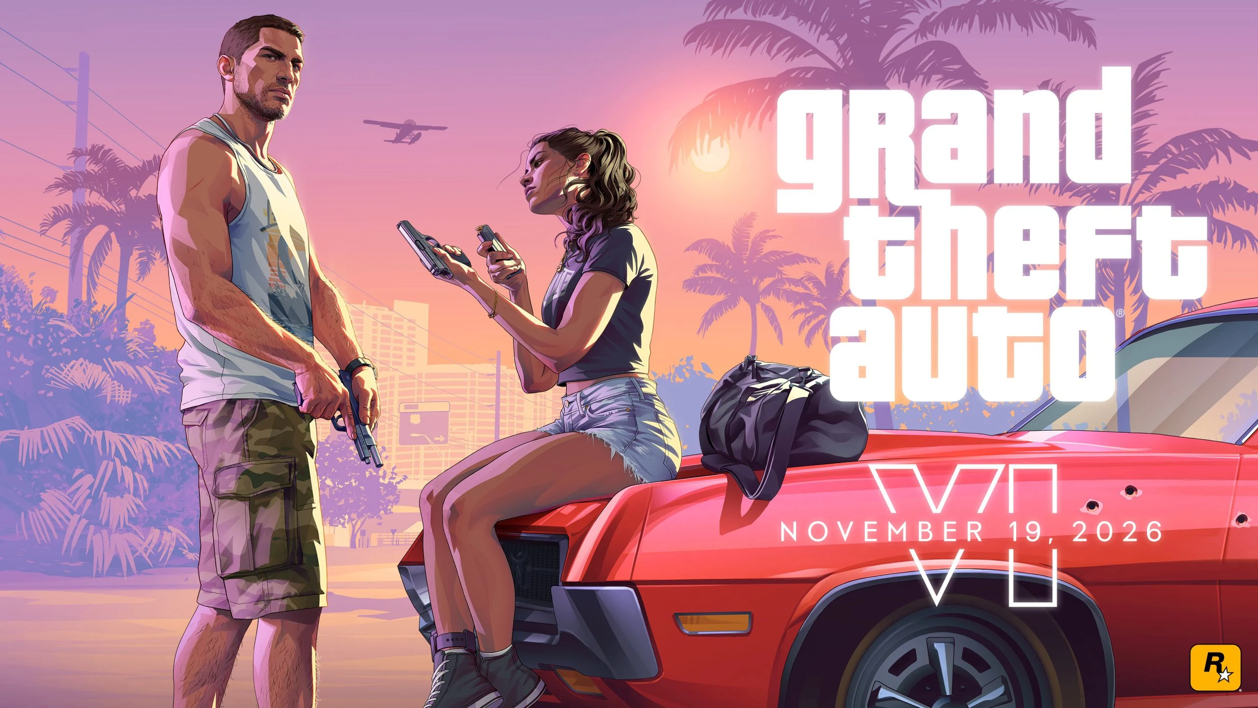 Grand Theft Auto VI launch trailer artwork featuring Jason and Lucia