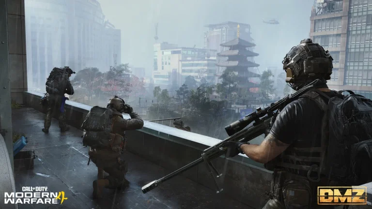 Modern Warfare 4 DMZ Operators overlooking Hajin from a rooftop