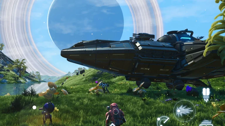 No Man's Sky running on iPad with touchscreen controls over an alien planet