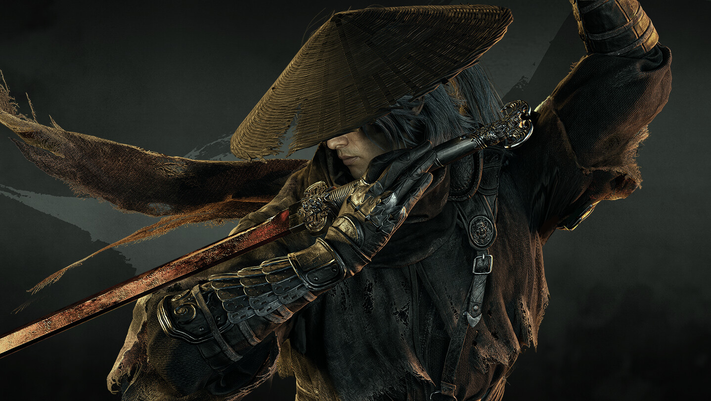 Soul holding his sword beneath a woven hat in Phantom Blade Zero