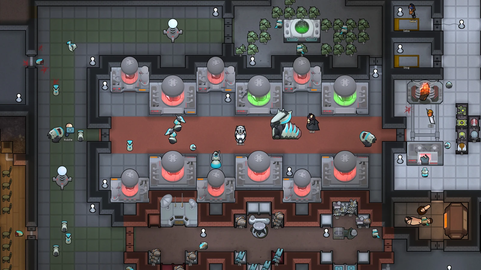 RimWorld colony interior with colonists and machinery