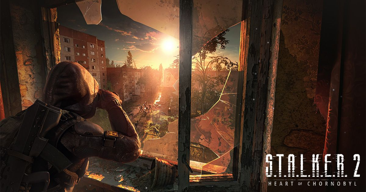 A stalker uses binoculars through a broken window overlooking the Zone